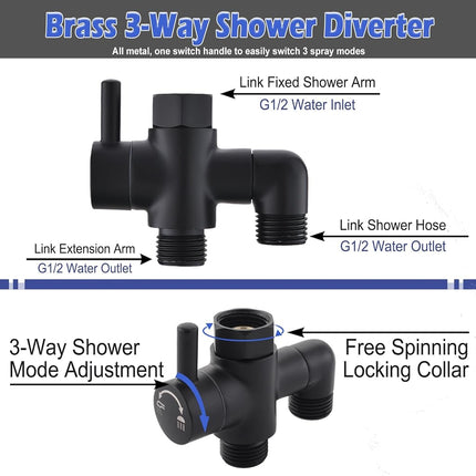 YDmeet Metal Shower Diverter Valve, 3 Way Shower Head Diverter for Handheld Showerhead and Fixed Rainfall Shower Head, Universal G1/2 Bathroom Shower System Replacement Part, Matte Black