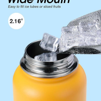 Water Bottle 32 oz Insulated with Straw, Coolflask Stainless Steel Metal 3 Lids Water Flask Wide Mouth for Sports or Office, Non-BPA Keep Cold Up to 48 Hrs or Hot Up to 24 Hrs, Ombre Yellow/Orange