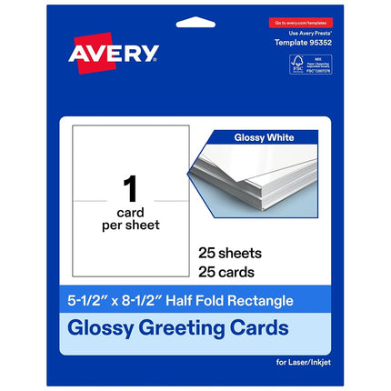 Avery Printable Rectangle Half Fold Greeting Cards, 5.5" x 8.5", Glossy White Cardstock, Laser/Inkjet, 25 Total, Great for Thank You Cards, Event Invitations, and More