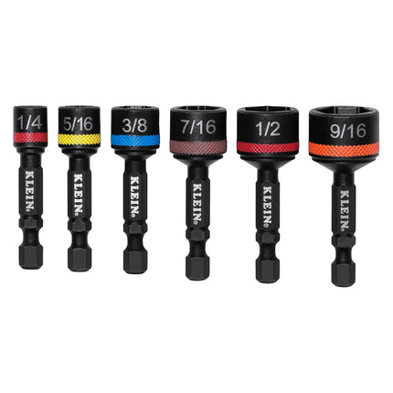Klein Tools 32926S 2-Inch Magnetic Power Nut Setters, Compact Impact Driver Set, Color-Coded, SAE, Impact-Rated, 6-Piece