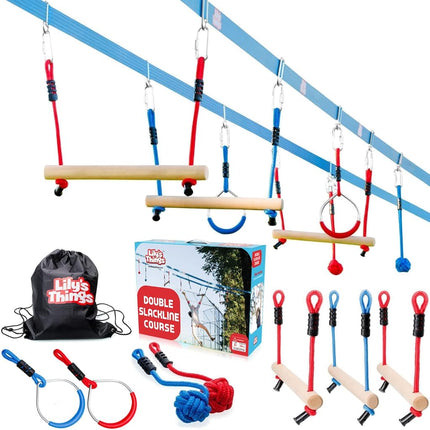 Parcours d'obstacles Double Ninja Slackline pour enfants - Ligne de 24 mètres - Équipement de jeu avec barres de singe - Parcours Ninja Warrior avec barres de singe pour enfants - Parcours d'accrobranche Ninja - Conception à double ligne brevetée