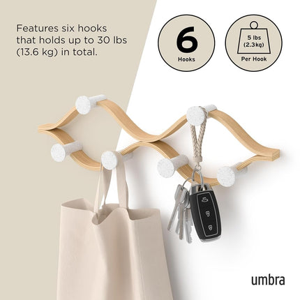 Umbra Montage Coat Rack, Wall Mounted 6 Hooks, White/Natural