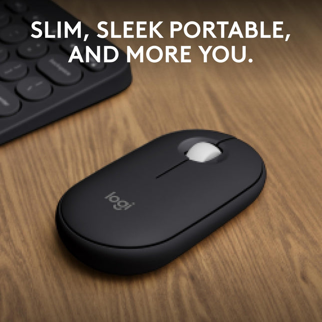 Souris sans fil Bluetooth fine Logitech Pebble Mouse 2 M350s, portable, légère, bouton personnalisable, clics silencieux, Easy-Switch pour Windows, macOS, iPadOS, Android, Chrome OS - Noir