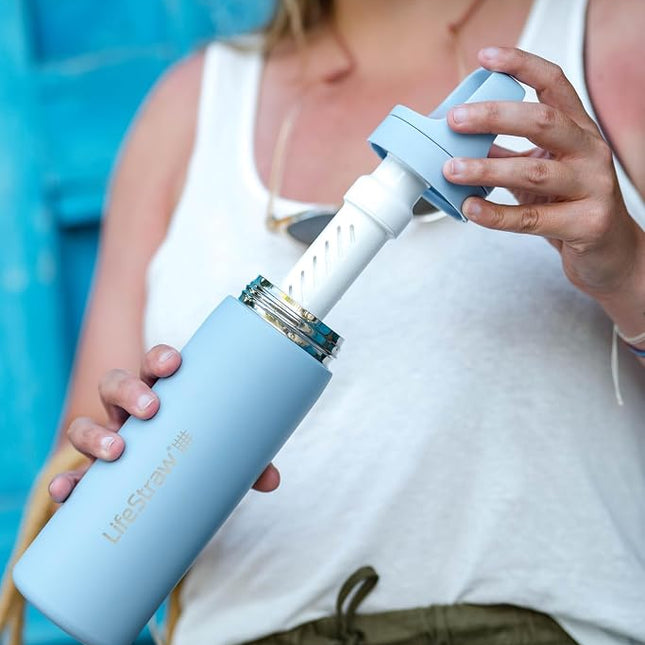 LifeStraw Go Series – Double Wall BPA-Free Vacuum Insulated 18 oz Stainless Steel Water Filter Bottle for Travel and Everyday use; Icelandic Blue