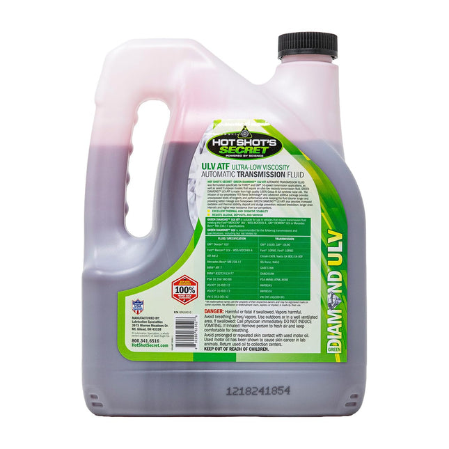 Hot Shot's Secret Green Diamond ULV ATF - Líquido de Transmisión Automática de Viscosidad Ultra Baja - Sintético Compatible con DEXRON ULV/MERCON ULV - Ford, GM, 10 Velocidades - Sintético 100% Grupo III de Alto Rendimiento