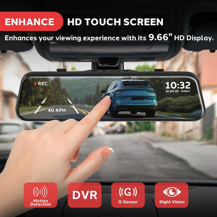 Pyle Dual Dash Cam Rearview Mirror, 1080p Full HD Front and Rear Car Camera with Night Vision, G-Sensor, Loop Recording, 9.66” Touchscreen, Backup Cam, Motion Detection, Wide-Angle Lens, 12" x 2" x 3"
