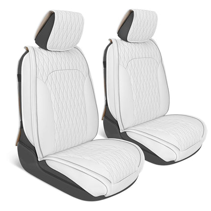 MotorBox Fundas de asiento – Edición DiamondLux Protectores de asiento de piel sintética premium blancos – Accesorios automotrices acolchados con doble costura en forma de cruz para camiones, todoterrenos, coches – Juego de asientos delanteros