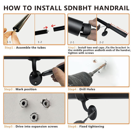 SDNBHT 6.6ft Metal Stair Railing - 1.5" Pipe Handrail for Indoor/Outdoor Stairs - Wall Mounted Aluminum Black Industrial Hand Rail for Steps