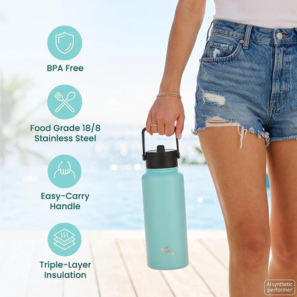 Konokyo Insulated Water Bottle with Straw,18oz 3 Lids Metal Bottles Stainless Steel Water Flask,Navy Blue