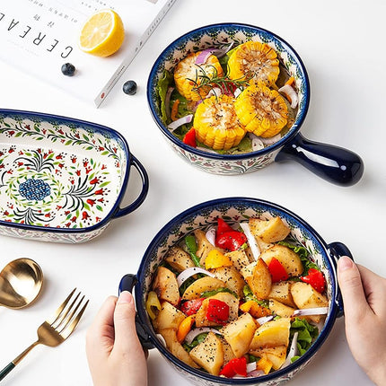 Bicuzat Vintage Style Tulip Flower Pattern Ceramic Bakeware Casserole Dish Baking Pan Lasagna Pans Baking Dish with Handles for Oven/Cooking/Kitchen-1 PCS-32 OZ