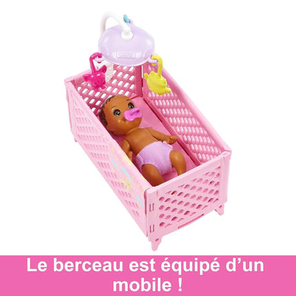 Barbie Doll and Accessories, Crib Playset with Skipper Friend Doll, Baby Doll with Sleepy Eyes, Furniture and Themed Accessories