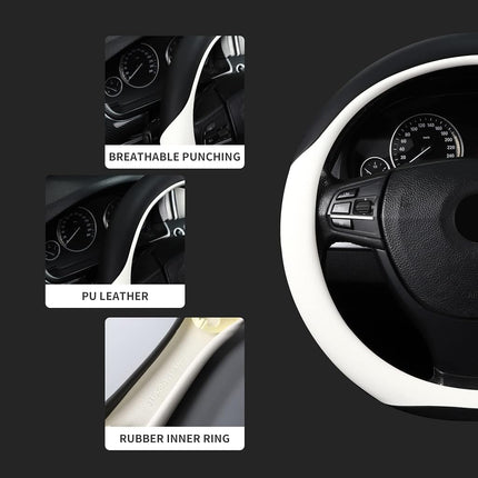 Microfiber Leather 15" Universal Fit Car Steering Wheel Cover, Elastic Nonslip Breathable and Odorless, Black & White