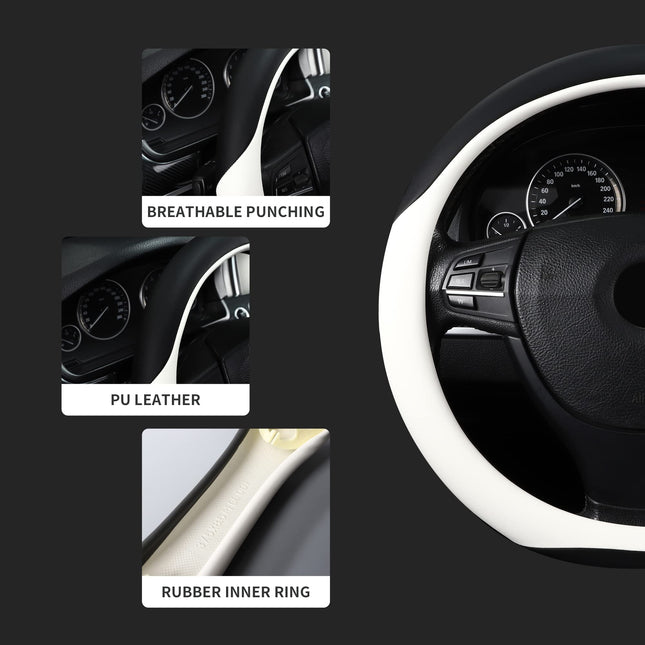 Microfiber Leather 15" Universal Fit Car Steering Wheel Cover, Elastic Nonslip Breathable and Odorless, Black & White