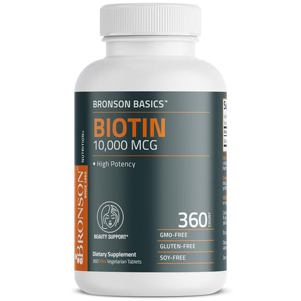 Bronson Biotin 10,000 MCG Supports Healthy Hair, Skin & Nails & Energy Production - High Potency Beauty Support - Non-GMO, 360 Vegetarian Tablets