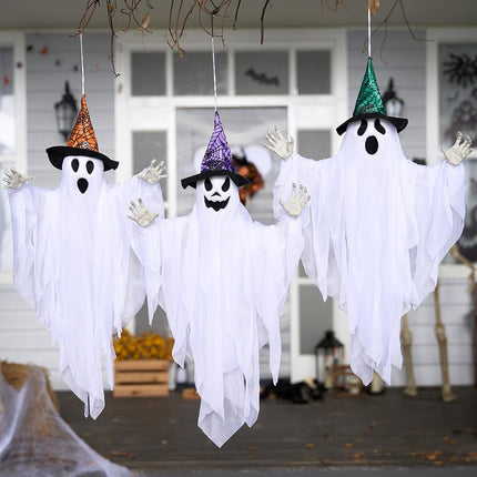 JOYIN 3 Pack 24.8" Hanging Ghost Decorations, Halloween White Ghost with Hats for Haunted House Graveyard Scene, Spooky Indoor and Outdoor Decor
