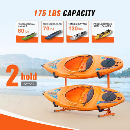 VEVOR Freestanding Kayak Storage Rack, Kayak Stand for 2 Kayak Canoe Paddleboard, Heavy-duty Steel Kayak Hanger Holder with Padded Arms and Adjustable Width, 79.5kg Max Load, for Indoor Outdoor Garage