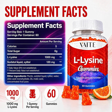 L Lysine 1000mg Gummies – Chewable Non-GMO Supplement, Plant-Based Amino Acid Formula, Gelatin Free, Gluten Free, Soy-Free, Complex Supplements, 60 Vegan Chewables for Adults