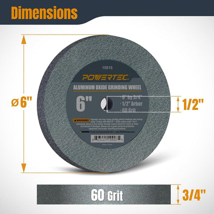 POWERTEC 15515 Aluminum Oxide Grinding Wheel 60 Grit, 6" x 3/4" with 1/2" Arbor