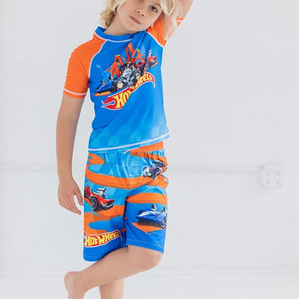 Hot Wheels Little Boys Raglan Pullover Swim Rash Guard Swim Trunks Blue 7-8