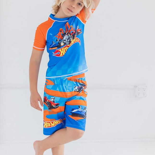 Hot Wheels Little Boys Raglan Pullover Swim Rash Guard Swim Trunks Blue 7-8
