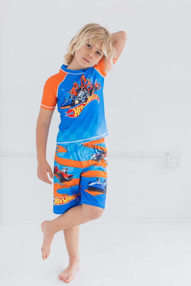Hot Wheels Little Boys Raglan Pullover Swim Rash Guard Swim Trunks Blue 7-8