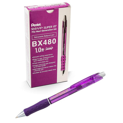 Bolígrafo Pentel RSVP Super RT, (1.0 mm) trazo medio, tinta violeta, caja de 12 (BX480-V)
