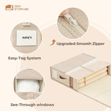 ZenStorage 6 Pack Foldable Sheet Set Organizer with Clear Windows and Labels, Beige, 15.16"L x 12.99"W x 4.65"H, King & Queen Size Sheet Organizer for Linen Closet, Dustproof