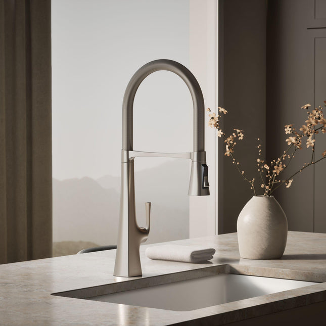 Kohler 22060-VS Graze Commercial, 3 Function Tall Semi-pro Kitchen Sink Faucet with Pull Down Sprayer, Vibrant Stainless