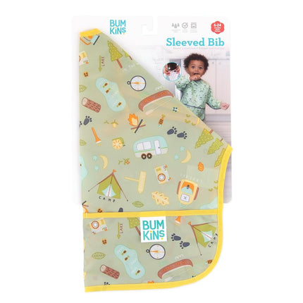 Bumkins Sleeved Bib, Handy Tie Closure for Custom Fit, Catch-All Pocket, Baby-Led Weaning, Waterproof, Machine Washable, Stain & Odour Resistant, BPA Free, 6-24 Months, Camp Gear Design