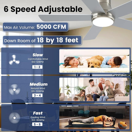 Autoday 52 Inch Ceiling Fans with Lights and Remote - Brushed Nickel Flush Mount Ceiling Fan with Light Low Profile, 6 Speeds, Quiet DC, 3CCT Dimmable, Indoor Outdoor Ceiling Fans for Patios Bedroom