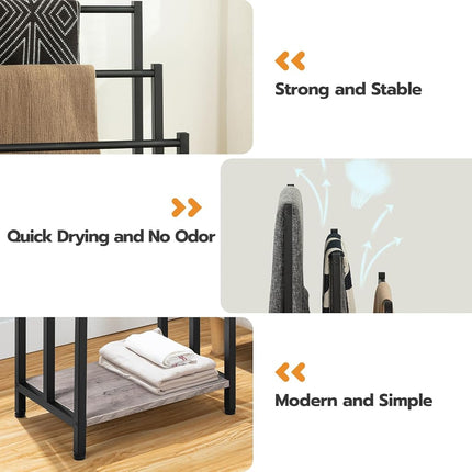 HOOBRO Towel Rack, Towel Rail Freestanding, Towel Holder for Bathroom, Drying Stand with 3 Towel Rails and Storage Shelf, Metal, for Bath and Hand Towels, Industrial, Rustic Greige and Black EBG03LB01