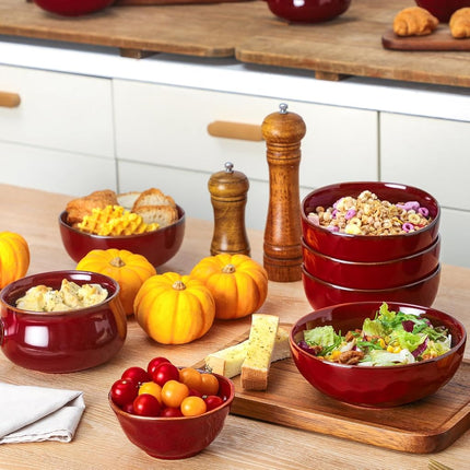 vicrays Ceramic Small Dessert Bowls Set - 10 oz, Set of 6, for Rice, Ice Cream, Soup, Snacks, Cereal, Chili, Side Dishes, Microwave, Oven and Dishwasher Safe, Kitchen Bowls Set, Cherry Red