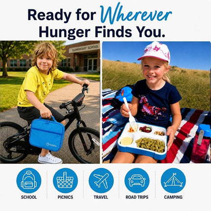 Bento-Box with Bag and Ice Pack Set. Lunch Boxes Snack Containers for Kids Boys Girls Adults. 6 Compartments, Leakproof Portion Container Boxes Insulated Bags for School Lunches, Blue