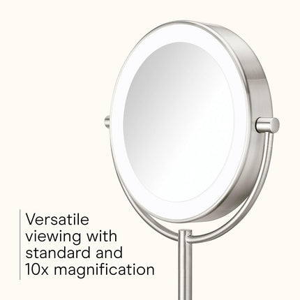 Conair Lighted Makeup Mirror, Double-Sided LED Vanity Mirror with 1X/10X Magnification, 3 Light Settings, 3 Modes, 360� Rotation, Satin Nickel Finish