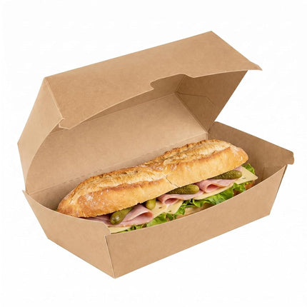 Restaurantware Hot Dog Box 100 Count 6.7 x 3.54 x 3.46 Inches Paper Kraft Rectangular Food Container Tab-Lock Sandwich Clamshell Grease-Resistant Kraft