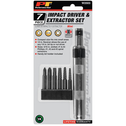 Performance Tool W2503 1/4-Inch Impact Driver & Extractor And Bits, black