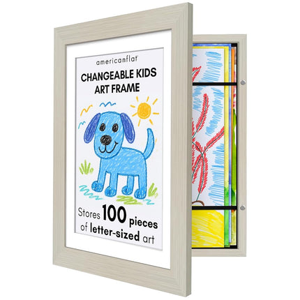 Americanflat Kids Artwork Display Frame Changeable (Light Wood) - Magnetic Door Holds 100 Art Pieces - A4 Size Display with Mount or 10x12.5 Without Mount - My Mini Masterpiece