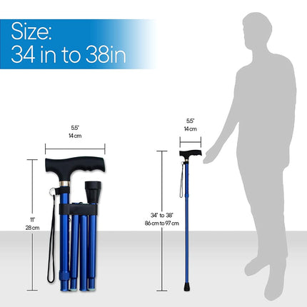 Bastón Plegable RMS - Plegable, Ajustable, Ligero de Aluminio con Mango Desplazado - Bastón Plegable con Mango Ergonómico Derby - Ayuda Ideal para la Vida Diaria para Movilidad Limitada (Azul)