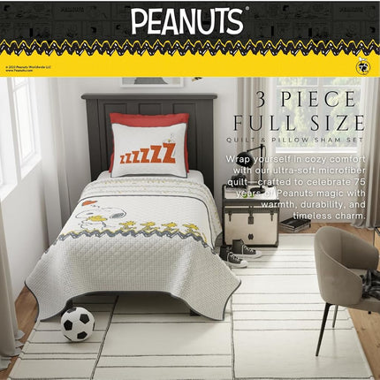 Franco Peanuts 75th Anniversary Snoopy & Woodstock Bedding Super Soft Cozy 3 Piece Full/Queen Coverlet Quilt and Sham Set, (Official Peanuts® Product)