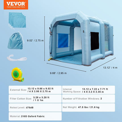 VEVOR Inflatable Paint Booth, 13x10x9ft Inflatable Spray Booth, 950W High Powerful Blower, Car Paint Tent, Air Filter System, Multi-Purpose