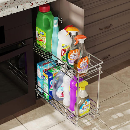 LOVMOR Pull Out Cabinet Organizer and Storage (5" W x 21" D) 2-Tier Pull Out Shelf Storage for Kitchen Base Cabinet Silver(5" W x 21" D, Silver, Roll on Top)