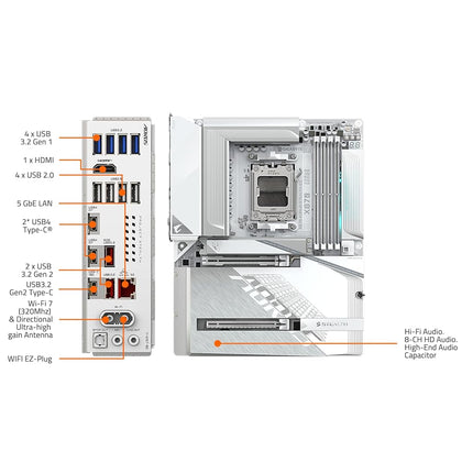 GIGABYTE X870 AORUS Stealth ICE Reverse-Connect ATX Motherboard, Support AMD Socket AM5 Processors, DDR5, 16+2+2 Power Phase, 4X M.2, PCIe 5.0, USB4, WIFI7, 5GbE, PCIe EZ-Latch Plus, 5 Year Warranty