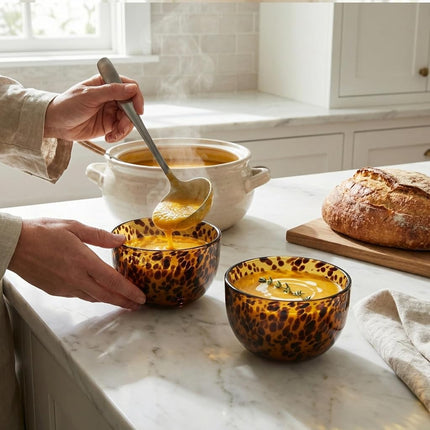 Amber Tortoise Shell Glass Bowls Set of 2 | 4.3” - 12.8oz Leopard Print Soup & Cereal Dishes | Decorative Animal Print Snack Serving Bowl, Cereal, Soup, Gifts for Kitchen Food Countertop, Hostess Gift