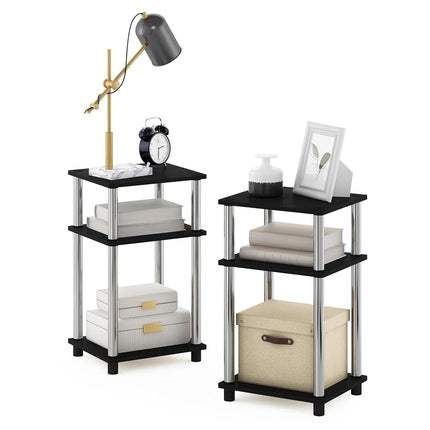 Furinno JUST Side Table Set of 2, 3-Tier End Tables, Open Shelves Night Stand, Nightstand, Toolless Assembly, for Living Room, Bedroom, Americano/Stainless Steel