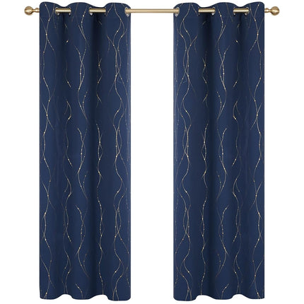 Deconovo Blackout Curtains Grommet Top Thermal Insulated Wave Line and Dots Gold Foil Printed Noise Reducing Window Drapes for Kitchen 42 x 72 Inch Navy Blue Set of 2 Panels
