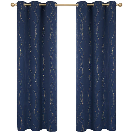 Deconovo Cortinas Opacas con Ojal Superior, Aislantes Térmicas con Líneas Onduladas y Puntos Estampados en Lámina Dorada, Reductoras de Ruido para Ventana de Cocina, 42 x 72 Pulgadas, Azul Marino, Juego de 2 Paneles