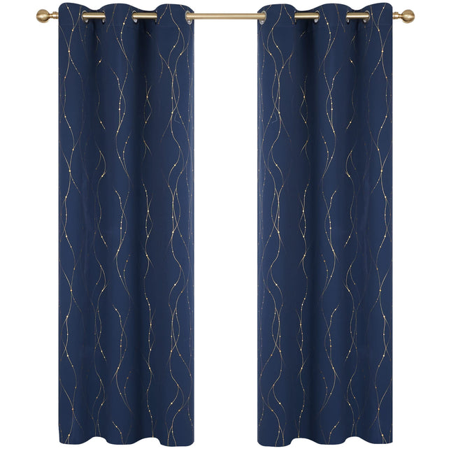 Deconovo Blackout Curtains Grommet Top Thermal Insulated Wave Line and Dots Gold Foil Printed Noise Reducing Window Drapes for Kitchen 42 x 72 Inch Navy Blue Set of 2 Panels