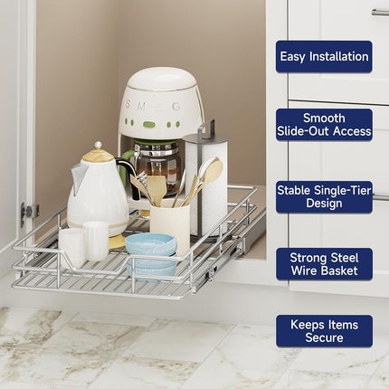 LUXEYARD Pull Out Cabinet Organizer, 14.5" W x 21.5" D, Heavy Duty Chrome Slide Out Shelf for Base Cabinets, Sliding Wire Basket Drawer for Pantry Items, Bowls, Containers & Cleaning Supplies