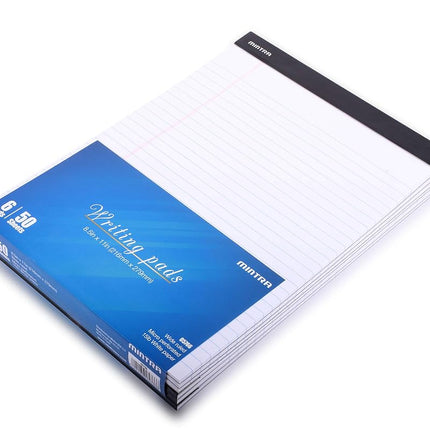 Mintra Office Legal Pads - ((Basic White 6pk, 8.5in x 11in, Wide Ruled)) - 50 Sheets per Notepad, Micro Perforated Writing Pad, Notebook Paper for School, College, Office, Business