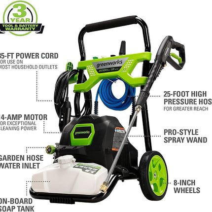 Greenworks 2000 PSI (1.2 GPM) Electric Pressure Washer (25°, 40°, Soap, and Turbo Nozzle) for Use On Decks, Fences, Concrete Patios, Sidewalks & More. Medium-Duty